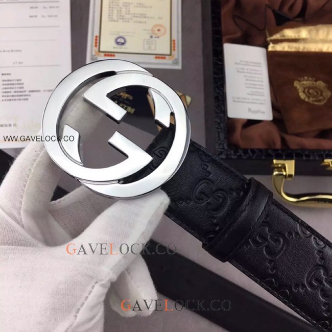 Gucci Signature Leather Belt Silver Buckle Original Size